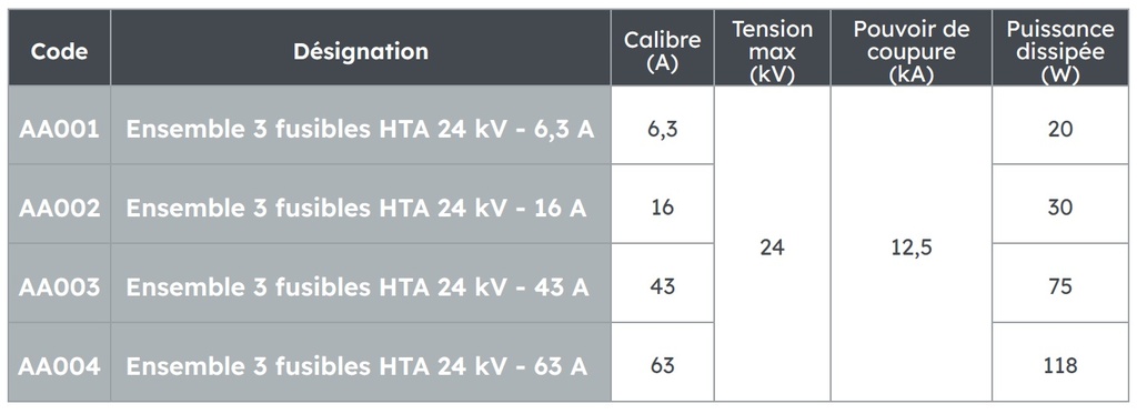 ENS. 3 FUSIBLES HTA 24KV 63A 7302135
