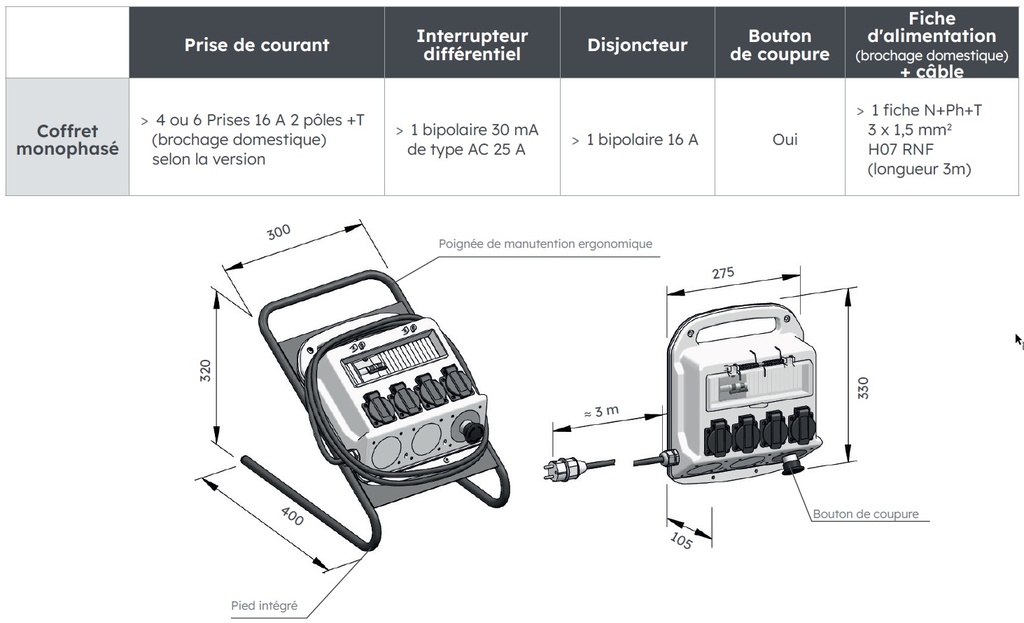 COFFRET D'ALIMENTATION MOBILE 6 MONO + PIED